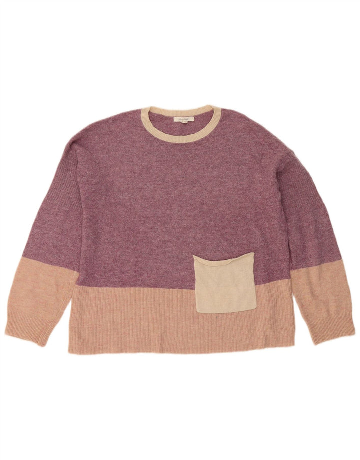 Suéter feminino branco com gola redonda e gola redonda UK 12 bloco colorido roxo médio