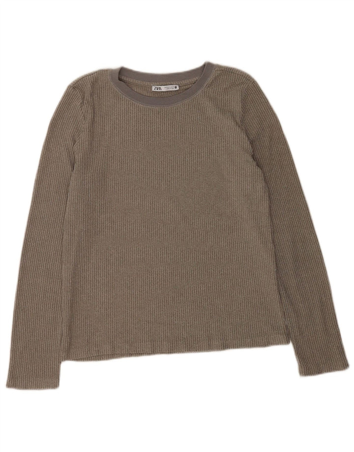 Top feminino Zara manga comprida UK 10 pequeno poliéster cinza