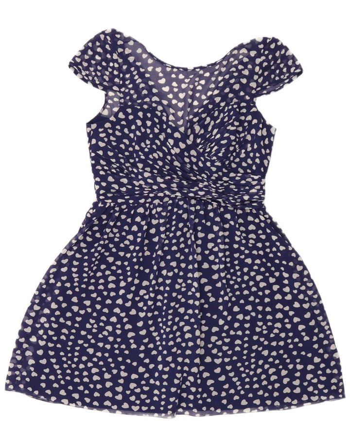 Vestido feminino Lipsy com padrão abstrato evasê UK 12 poliéster azul médio