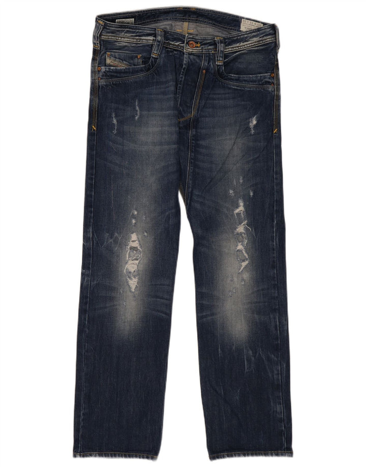 Diesel Mens Timmen Distressed Regular Straight Jeans W33 L32 Azul Algodão