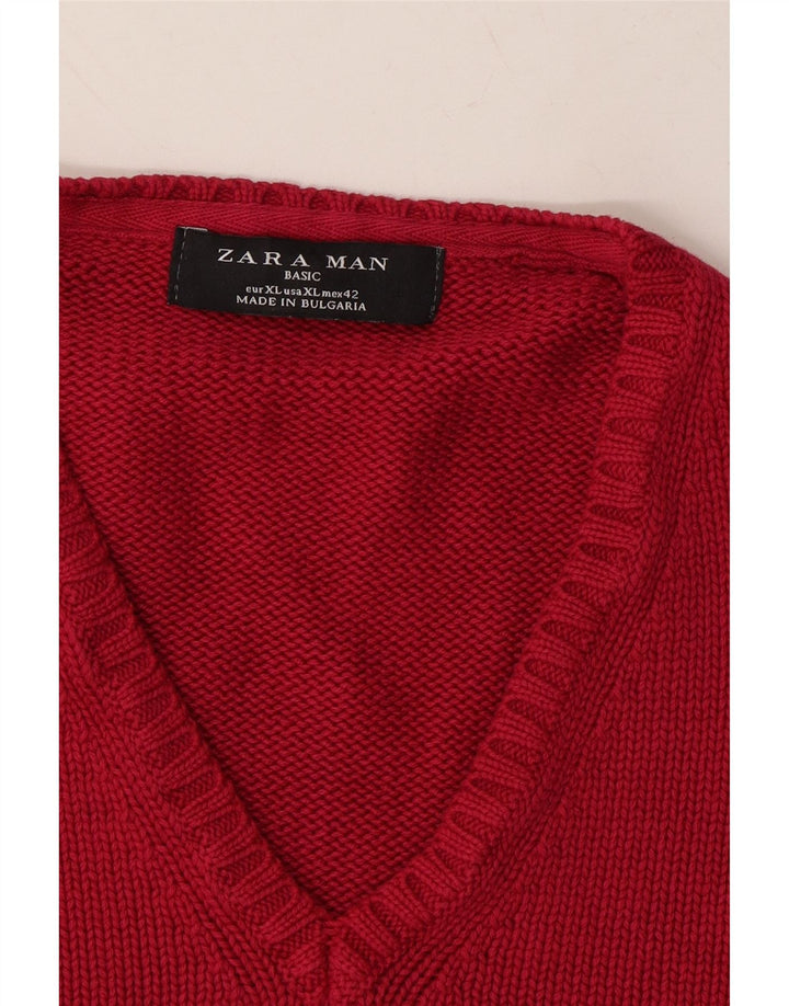 ZARA Mens V-Neck Jumper Sweater XL Burgundy Cotton Vintage Zara and Second-Hand Zara from Messina Hembry 