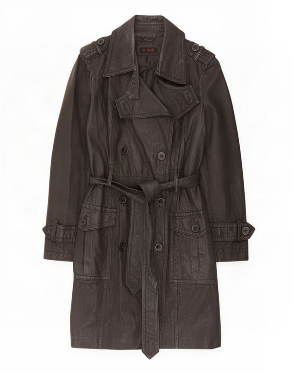 K Derby Womens Military Leather Double Breasted Coat UK 6 XS Black