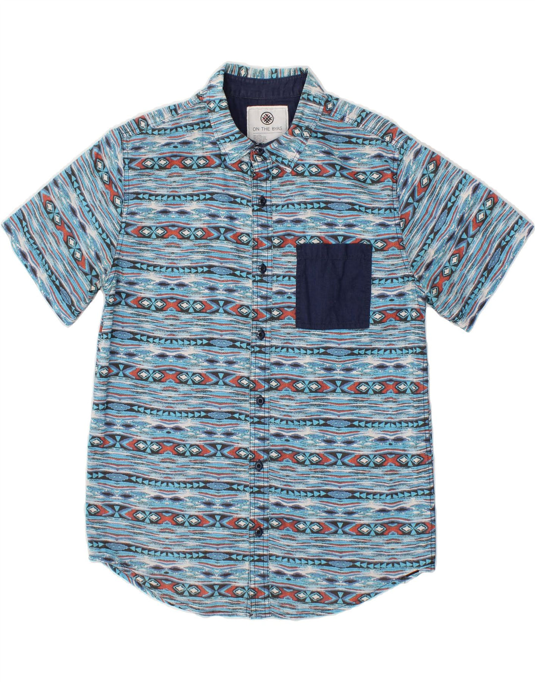Camisa masculina VINTAGE de manga curta de algodão listrado azul médio