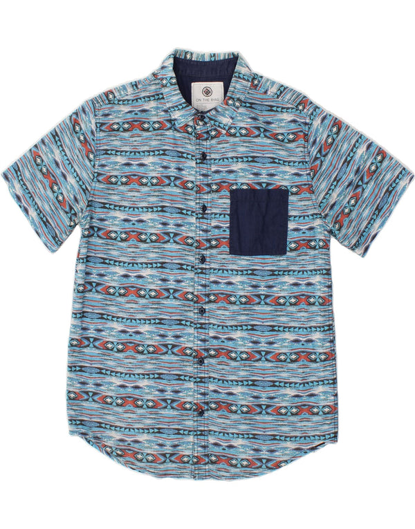 Camisa masculina VINTAGE de manga curta de algodão listrado azul médio