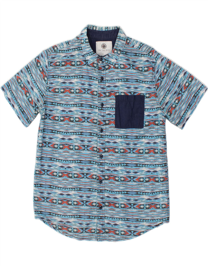 Camisa masculina VINTAGE de manga curta de algodão listrado azul médio