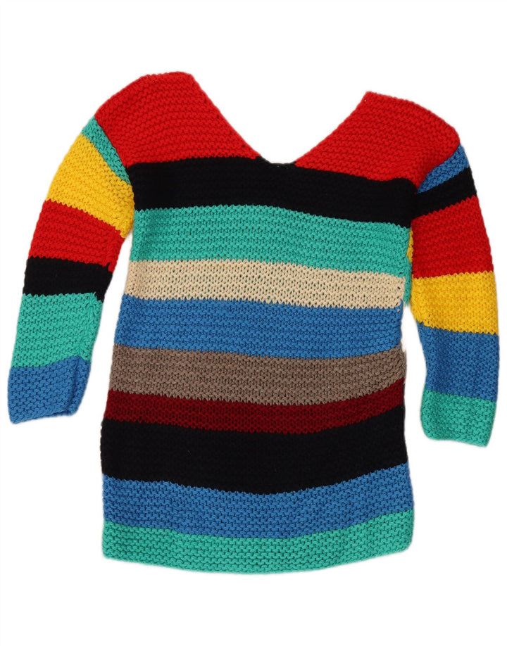 Suéter feminino vintage com decote em V UK 12 médio listrado multicolorido