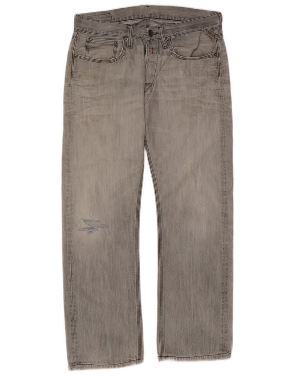 Replay Jeans masculino desgastado reto W33 L32 algodão cinza