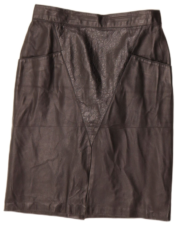 Saia de couro feminina vintage IT 44 médio W28 couro geométrico preto