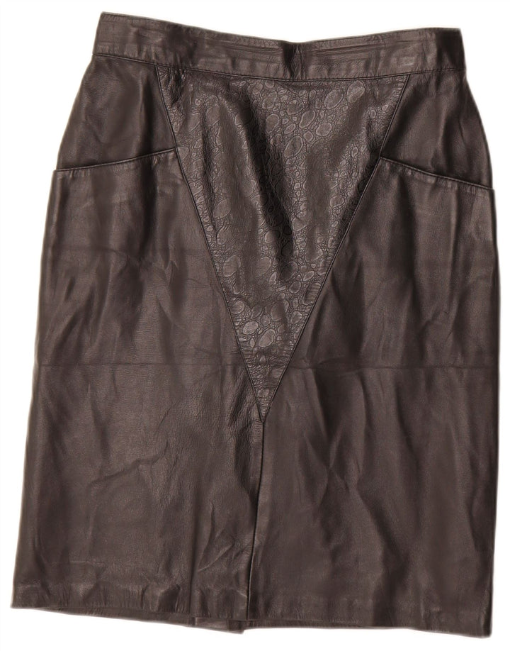 Saia de couro feminina vintage IT 44 médio W28 couro geométrico preto