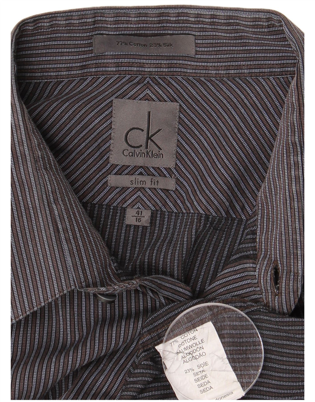 Camisa masculina CALVIN KLEIN Slim Fit tamanho 41 16 grande algodão listrado cinza