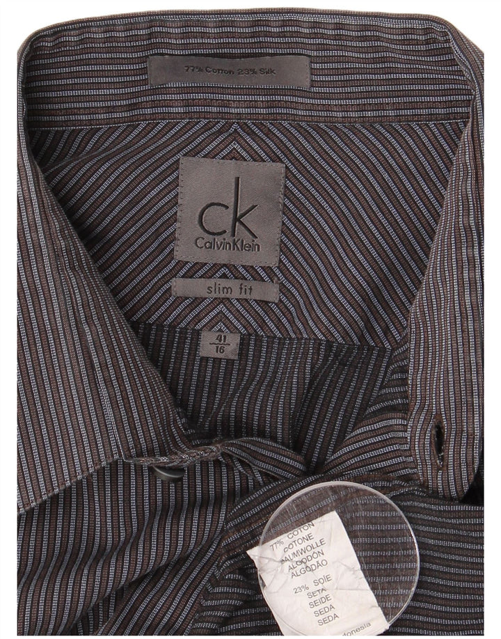Camisa masculina CALVIN KLEIN Slim Fit tamanho 41 16 grande algodão listrado cinza