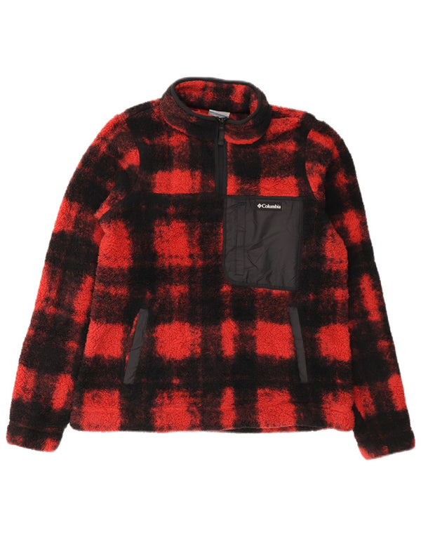 Suéter feminino COLUMBIA de lã com zíper e gola UK 14 poliéster xadrez vermelho médio