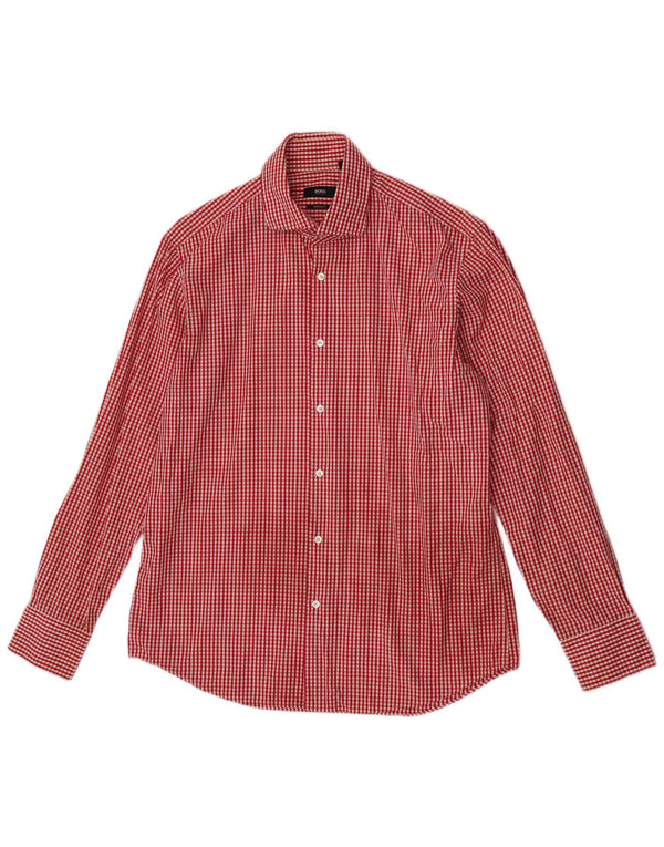 Camisa masculina de ajuste regular Hugo Boss tamanho 41 16 grande algodão vermelho guingão