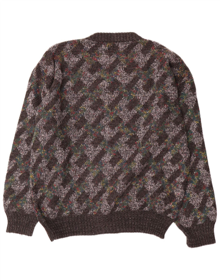 Suéter vintage masculino com gola redonda grande cinza Argyle/lã diamante