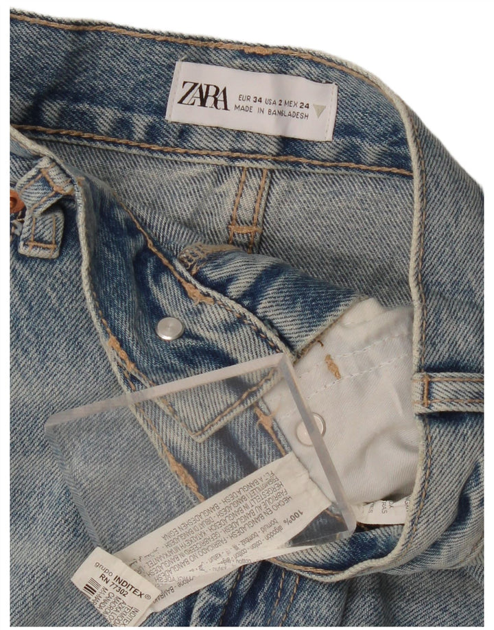 ZARA Shorts jeans feminino de cintura alta desgastado UE 34 2XS W24 algodão azul