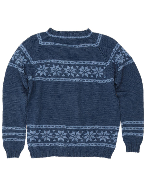 Suéter feminino VINTAGE com gola canoa Reino Unido 12 médio azul marinho Fair Isle