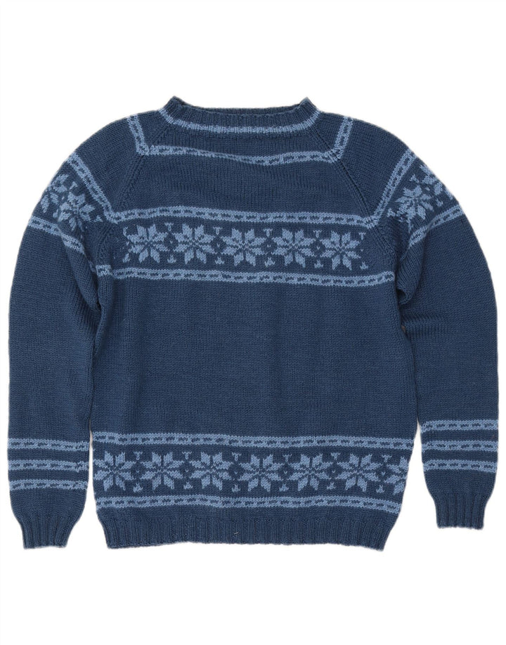 Suéter feminino VINTAGE com gola canoa Reino Unido 12 médio azul marinho Fair Isle