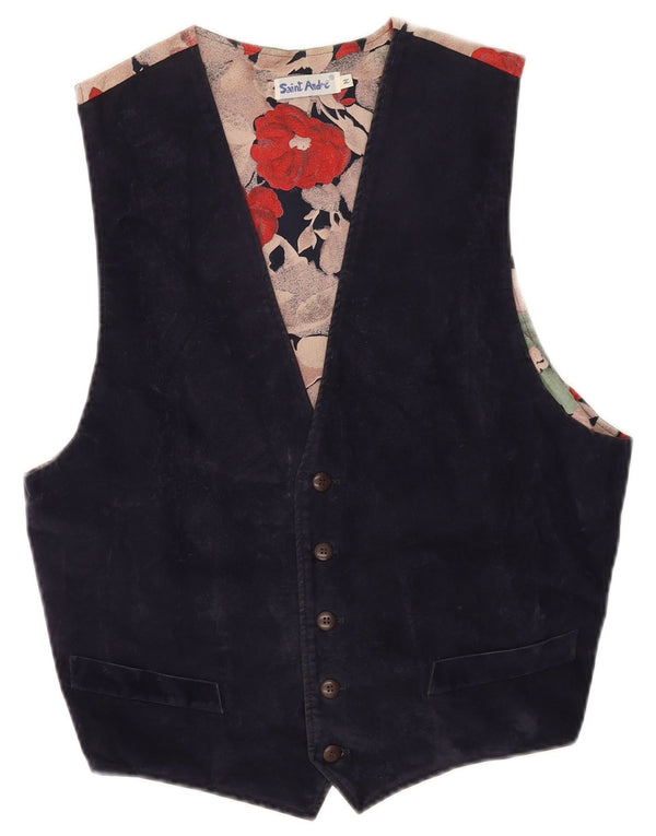 Colete feminino vintage de camurça UK 14 médio azul marinho floral