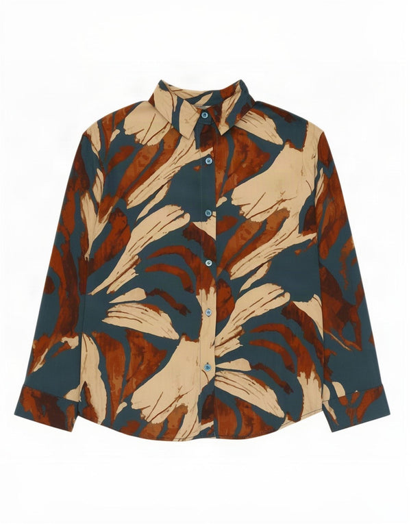 Blusa feminina vintage com padrão abstrato Reino Unido 16 grande seda multicolorida
