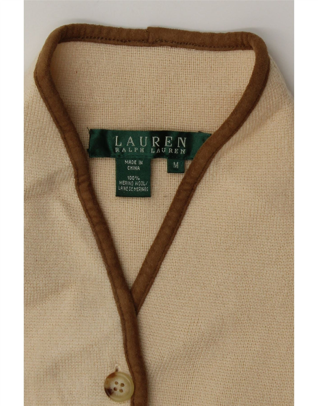 Suéter cardigã feminino Ralph Lauren UK 12 lã merino bege médio
