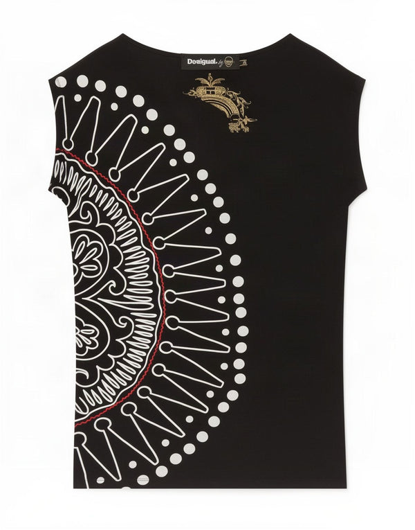 Desigual Camiseta feminina gráfica Top UK 14 Médio Preto Floral