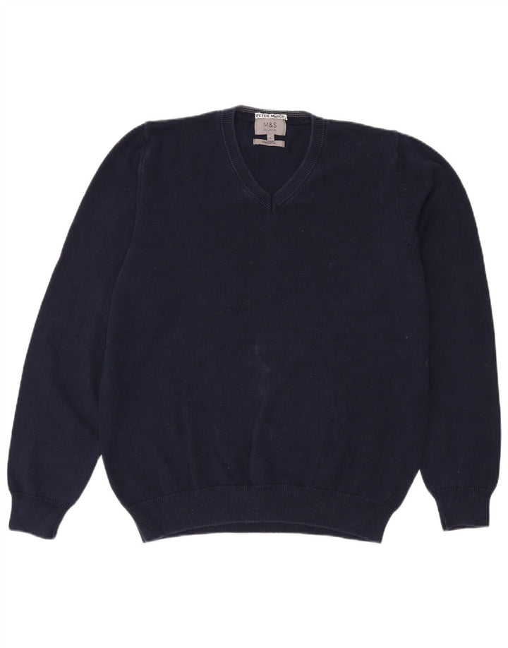 Suéter masculino Marks & Spencer com decote em V grande algodão azul marinho