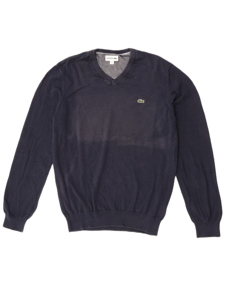 Suéter masculino Lacoste com decote em V tamanho 4 médio azul marinho algodão