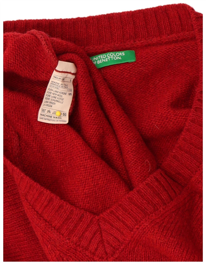 Suéter masculino Benetton com decote em V, grande, vermelho, lã nova