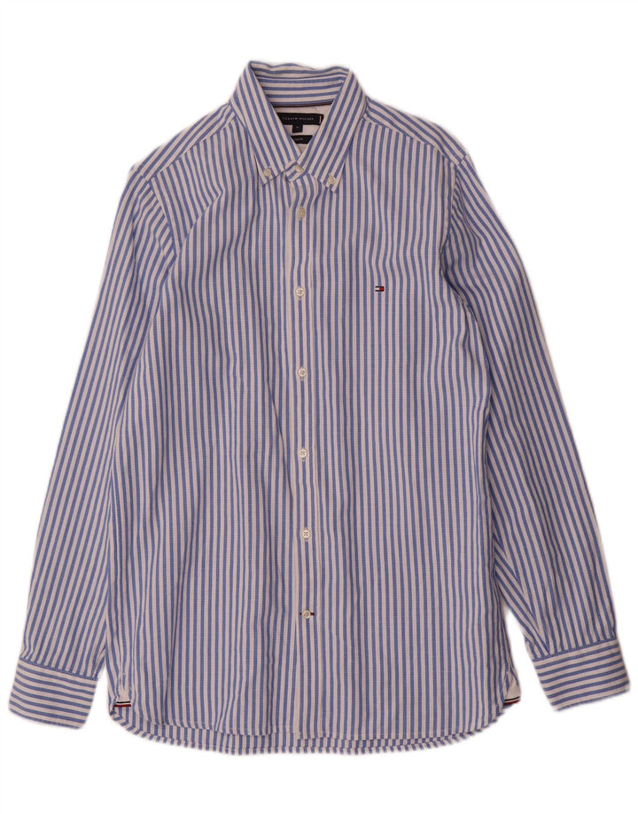 Tommy Hilfiger Camisa masculina Slim Fit de algodão listrado azul médio