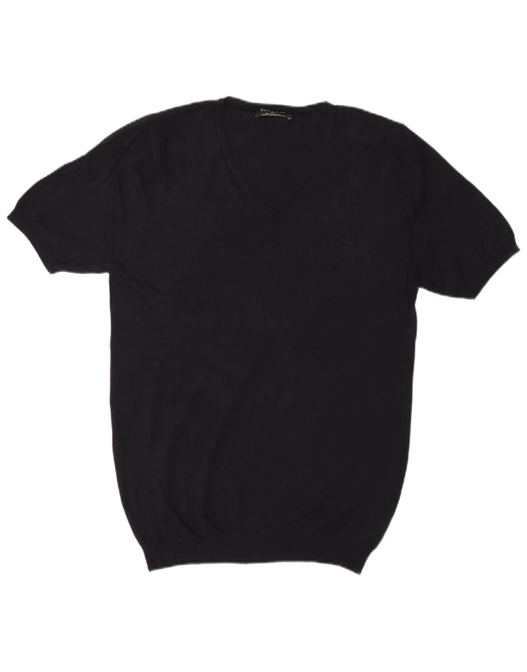 Zara Suéter masculino básico de manga curta com decote em V, grande viscose azul marinho
