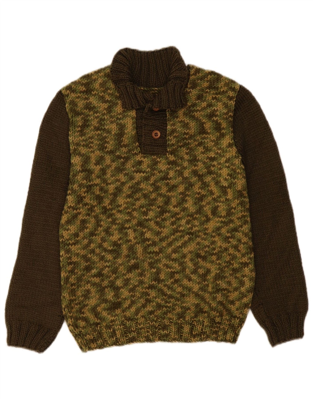 Suéter feminino vintage com gola redonda e botão UK 14 bloco colorido cáqui médio