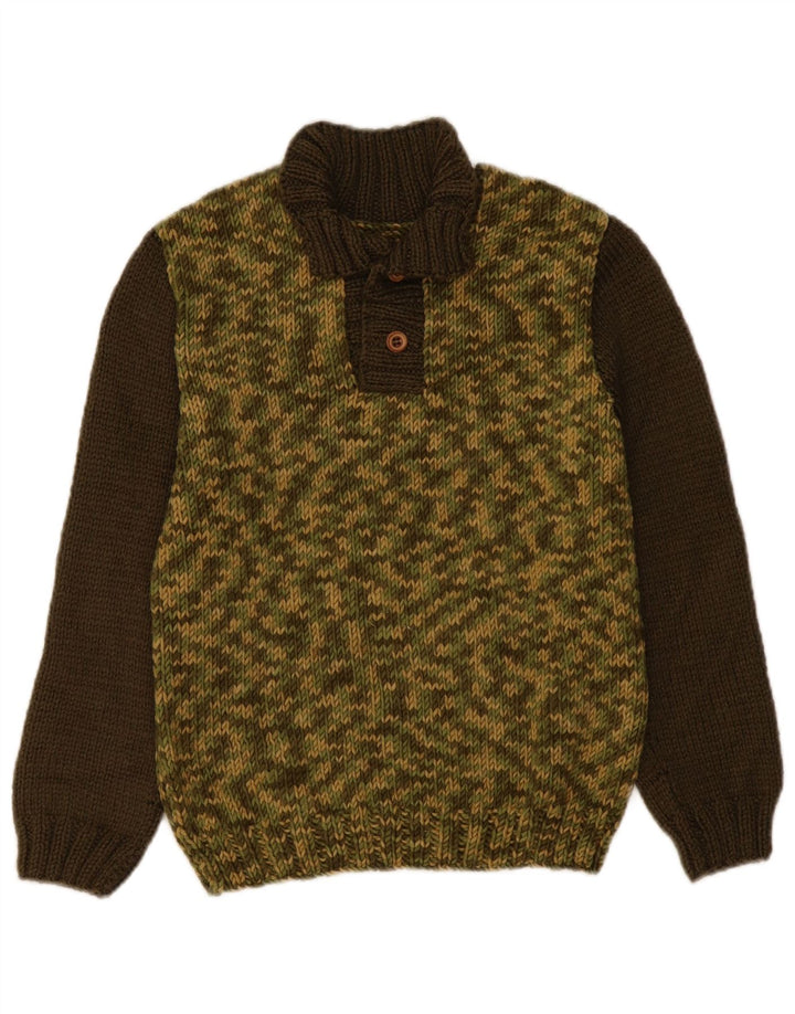 Suéter feminino vintage com gola redonda e botão UK 14 bloco colorido cáqui médio