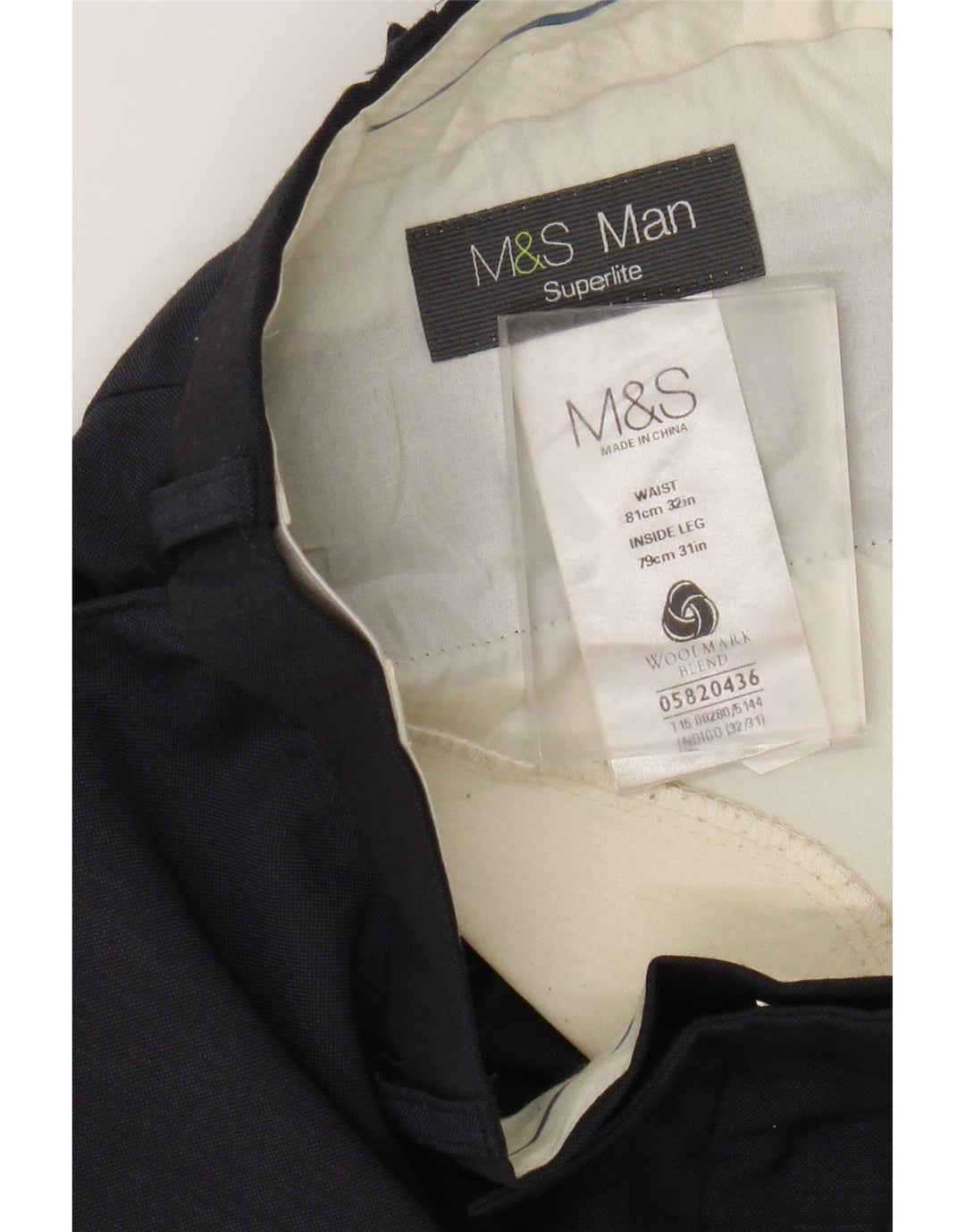 Calça masculina de terno reto Marks & Spencer W32 L31 lã azul marinho