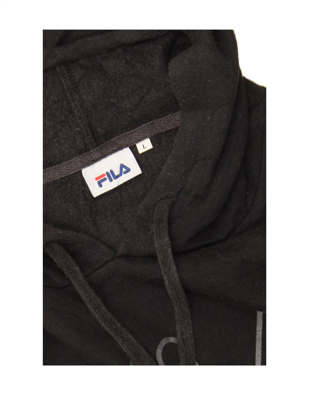 FILA Womens Graphic Hoodie Jumper UK 16 Large Black Vintage Fila and Second-Hand Fila from Messina Hembry 
