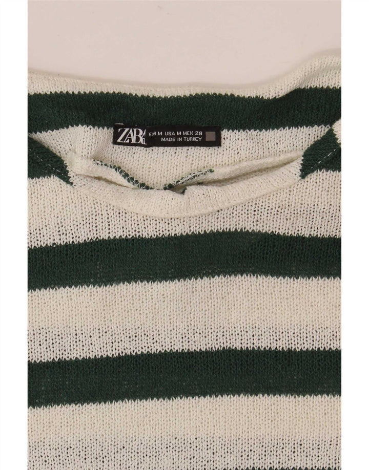 Camiseta feminina Zara UK 14 listrada branca média