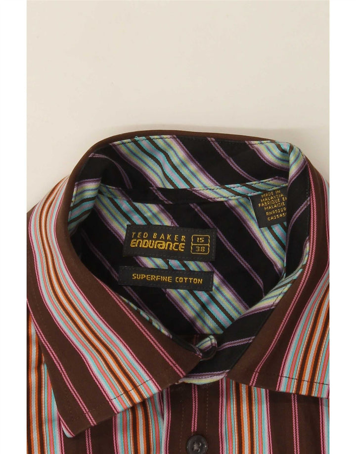 Camisa formal masculina Ted Baker tamanho 38 15 algodão listrado marrom médio