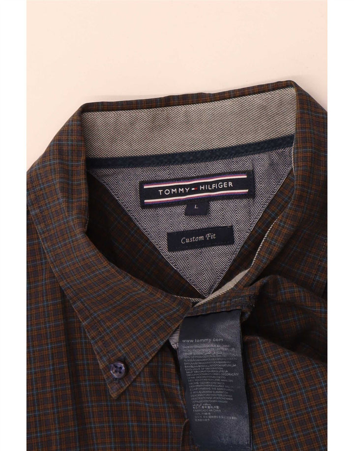 Camisa masculina Tommy Hilfiger Custom Fit grande algodão xadrez marrom