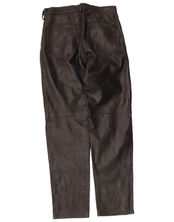 Calças de couro retas femininas vintage UK 14 grandes W30 L30 pretas
