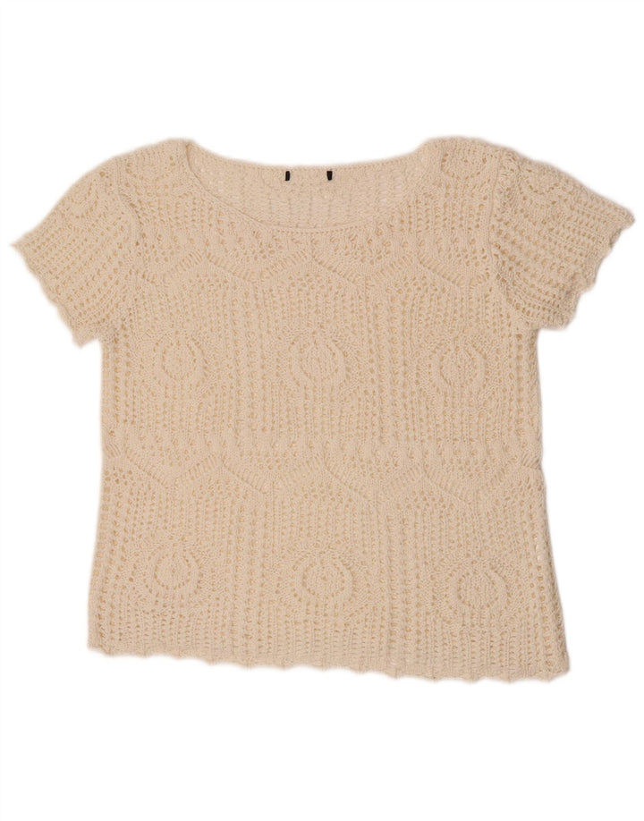 Blusa feminina vintage de crochê crop top UK 12 médio off white