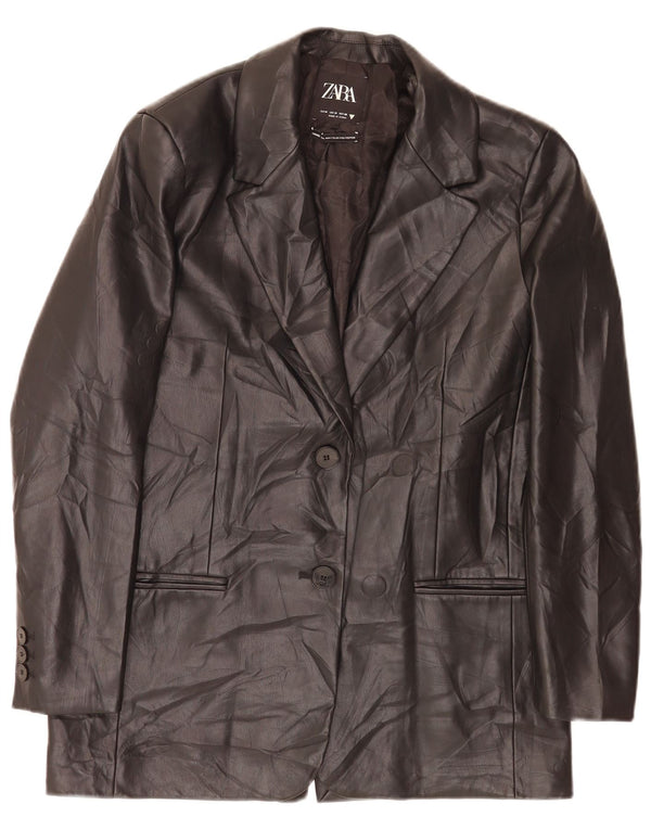 Jaqueta blazer feminina Zara com 2 botões de couro sintético Reino Unido 14 médio preto clássico
