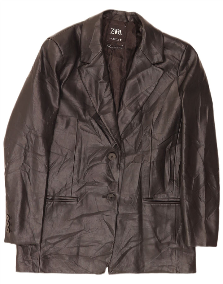 Jaqueta blazer feminina Zara com 2 botões de couro sintético Reino Unido 14 médio preto clássico