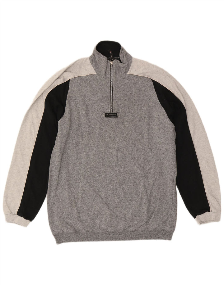 CHAMPION Suéter masculino com gola e zíper, grande, cinza, algodão colorblock