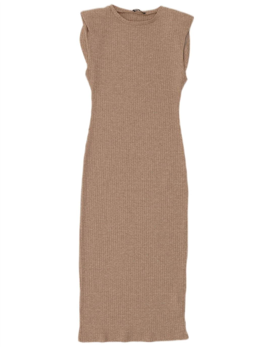 Vestido feminino Zara Maxi sem mangas Bodycon Reino Unido 12 poliéster bege médio