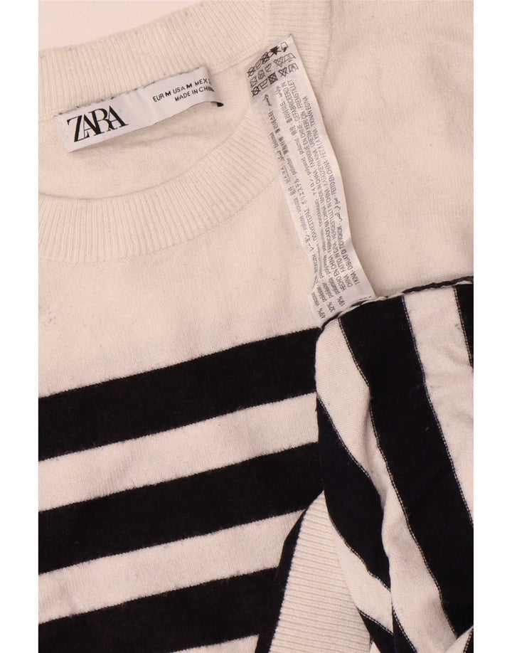 Suéter feminino Zara com gola redonda grande e listrado branco médio UK 14