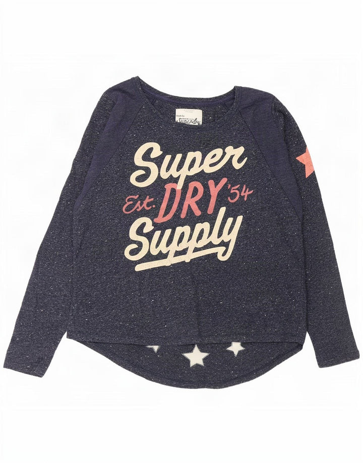 Top gráfico feminino Superdry manga comprida UK 14 médio azul marinho manchado