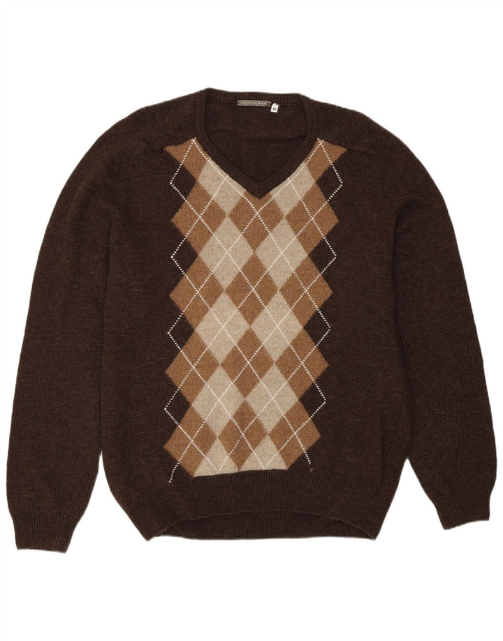 Suéter masculino vintage com decote em V XL marrom Argyle/lã diamante