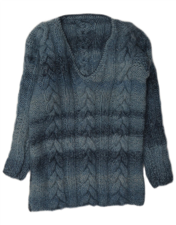 Suéter feminino vintage com decote em V UK 12 listrado azul médio