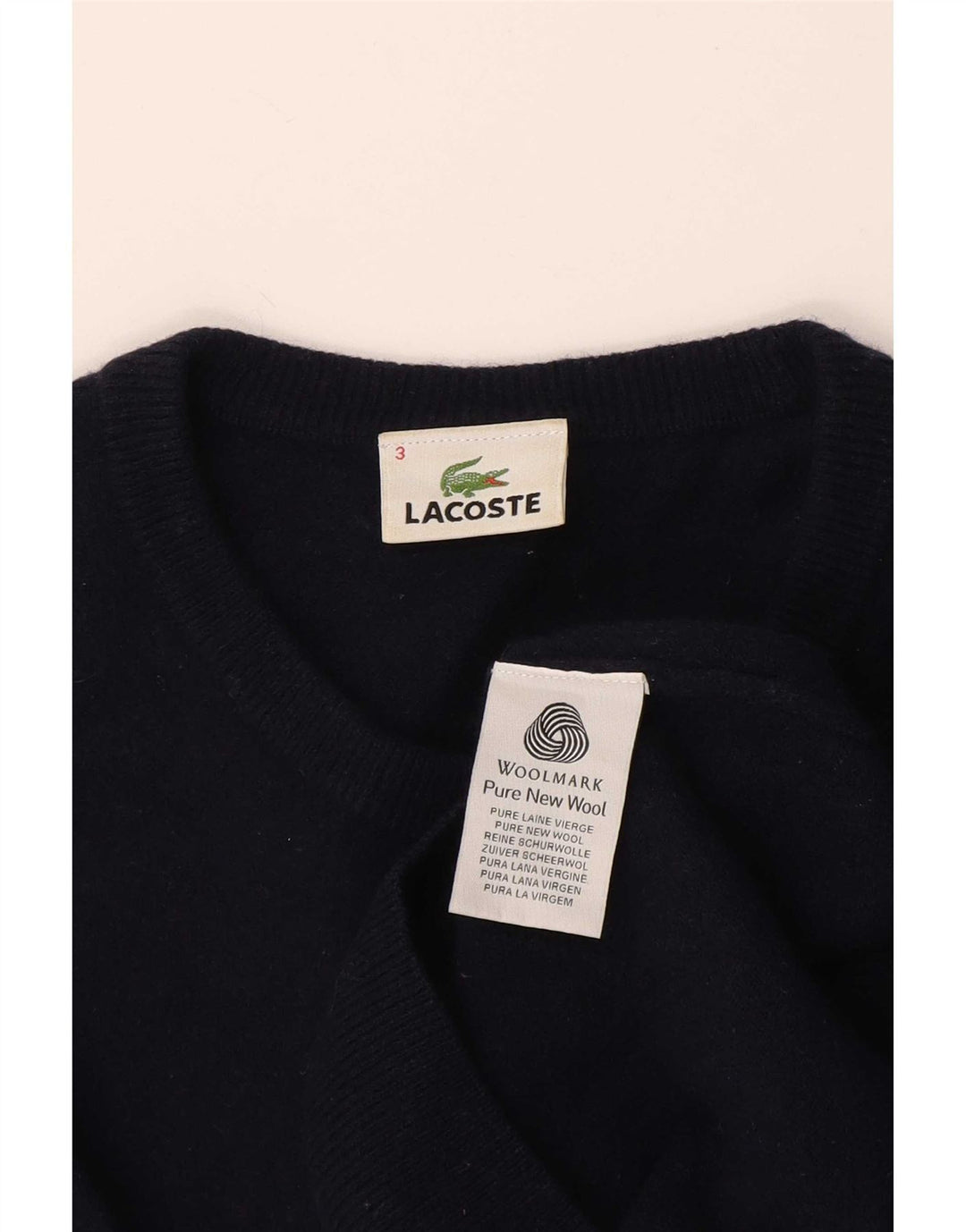 Suéter masculino Lacoste com gola redonda, tamanho 3, pequeno, azul marinho, lã nova
