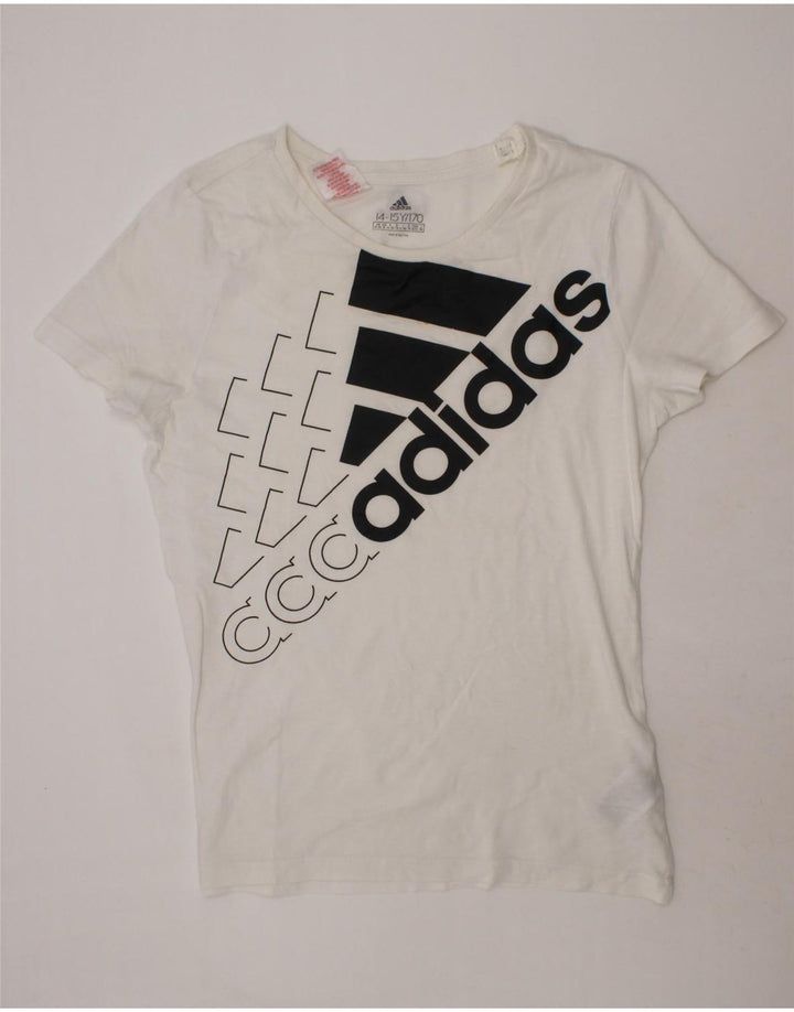 ADIDAS Girls Graphic T-Shirt Top 14-15 Years White Cotton Vintage Adidas and Second-Hand Adidas from Messina Hembry 