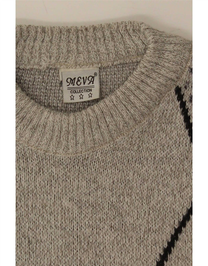 Suéter vintage masculino com gola redonda, grande lã geométrica cinza